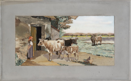 1092.  Escena campestre.Placa decorativa con trabajo de piedras duras.S. XX.