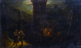 723.  MANUEL BARRON Y CARRILLO (Sevilla, 1814 - Sevilla, 1884)Bandoleros o contrabandistas pernoctando junto a un río a la luz de la luna