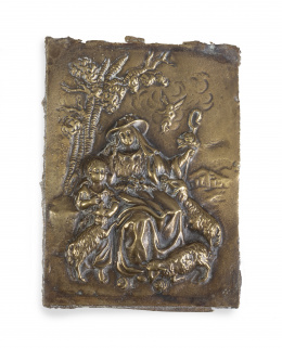 430.  La Divina Pastora.Placa devocional de bronce dorado.España, S. XVII - XVIII.