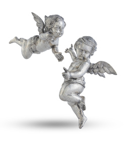 1414.  Pareja de ángeles lampadarios. Con marca frustra.Trabajo colonial, Peru?  S. XVIII.