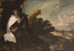 834.  JUAN DE SOLÍS (Segovia (?), ff. S. XVI- Madrid,1654)San Elías sobre un paisaje nevado con el Monte Carmelo