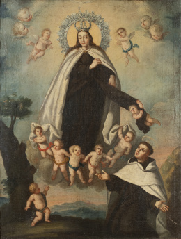 798.  ESCUELA MADRILEÑA, H.1800Nuestra Señora del Carmen dando el Santo Escapulario a San Simón de Stock
