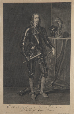 798.  ANTHONY VAN DYCK (1599-1641) Y PIETER VAN GUNST (1658-1732)Retrato de Carlos I, de cuerpo entero, de pie, con armadura, con bastón; casco y corona en la mesa a la derecha