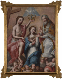 859.  CÍRCULO DE JUAN PEDRO LÓPEZ (Escuela caraqueña, siglo XVIII)Coronación de la Virgen por la Santísima Trinidad