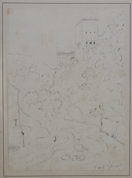 885.  GENARO PÉREZ VILLAAMIL (1807-1854)Vista de la Torre de Comares desde el cauce del Darro 