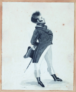 763.  V. LÓPEZ (Escuela española, h. 1830)Dandy vestido a la francesa, Anciana con un rosario en la mano y Húsar a caballo, de espaldas