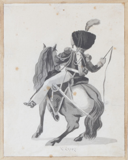 765.  V. LÓPEZ (Escuela española, h. 1830)Húsar a caballo, de espaldas