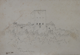 887.  GENARO PÉREZ VILLAAMIL (1807-1854)Vista de la Torre de Comares de la Alhambra desde el nuevo Paseo del Darro, este