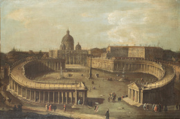 817.  ESCUELA ITALIANA, SIGLO XVIIIVista de Roma con la perspectiva de la Plaza de San Pedro, Basílica, obelisco, dos fuentes y la columnata de Bernini animada por personajes