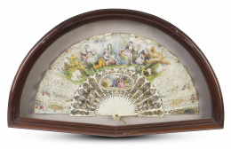 1439.  Abanico con país iluminado y pintado con escena orientalista, padrones en hueso calados con incrustaciones metálicas y espejos.h. 1840 - 1850.