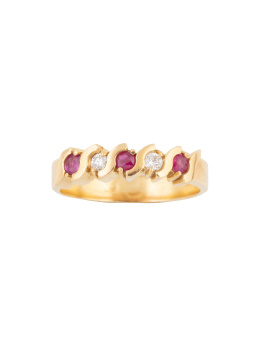 296.  Sortija cintillo con dos brillantes y tres rubíes alternos separados por bandas onduladas