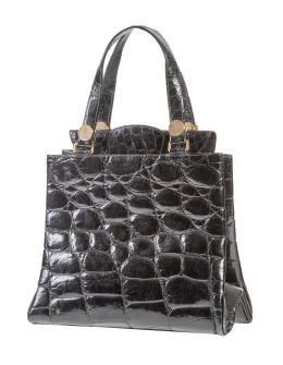 466.  Bolso de piel de cocodrilo brillante negro acharolado con asa doble corta