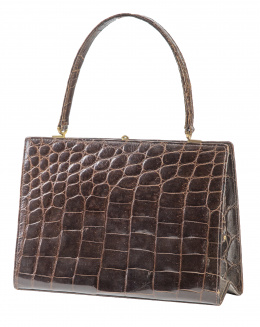 470.  Bolso de piel de cocodrilo brillante marrón con asa corta