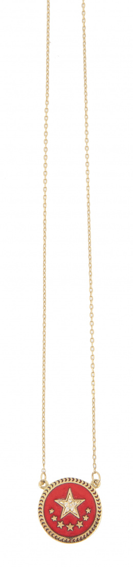 279.  Colgante circular de esmalte rojo con estrellas en oro , y an anverso grabado"strenght"
