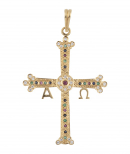 300.  Cruz de Covadonga colgante cuajada de brillantes, rubíes, zafiros y esmeraldas
