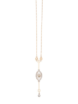 120.  Pendentif Belle epoque con colgante estilizado cuyo centro en una perla orlada de diamantes que forman marco ojival