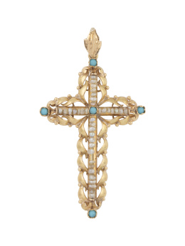 21.  Cruz colgante de pp. S. XX con perlas de aljofar y turquesas en centro sobre marco de oro calado