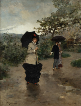 1055.  FRANCESC MIRALLES I GALAUP (València, 1848 - Barcelona, 1901) Bajo la lluvia, París
