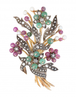 152.  Broche ramo de ff S. XIX con esmeraldas, rubíes, diamantes y perlas combinado ramas de oro amarillo, con hojas de diamantes con vistas de plata