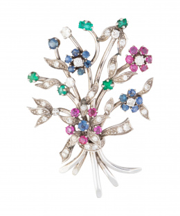 138.  Broche ramo tutti -frutti con brillantes, rubíes, zafiros y esmeraldas