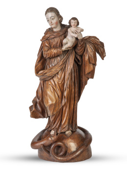 1249.  Virgen con el Niño.Escultura en madera tallada y parcialmente policromada.Quizás trabajo colonial, pp. del S. XVIII.