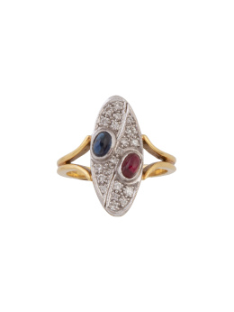 278.  Sortija lanzadera con forma ovalada decorada cabujón de zafiro y otro de rubí sobre pavé de brilantes