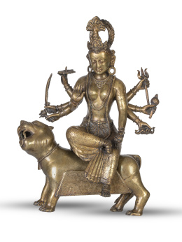 660.  Durga.Bronce parcialmente dorado.Nepal, S. XIX.