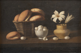 823.  ESCUELA ESPAÑOLA, H.1700Bodegón con cesta de panes, cuenco con huevos y jarrón de cerámica con lirios