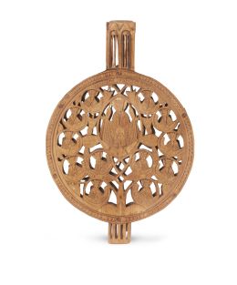 527.  Medallón de madera tallada de boj con pantócrator.Grecia, S. XIX.