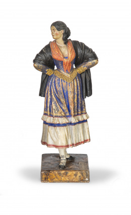 608.  José Cubero Gabardón (Baena 1818- Málaga 1877)."Bailaora".Escultura en barro cocido y policromado sobre base de madera con etiqueta.