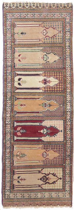 702.  Alfombra antigua Lilian, con dibujo de oración.Persia.