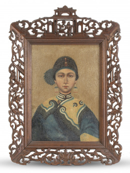 1208.  Retrato de dama.Óleo sobre lienzo con marco de madera noble tallada.Escuela china, S. XIX.