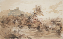 893.  EUGENIO LUCAS VELAZQUEZ (Madrid, 1817-1870)Mancha, paisaje con castillo1870