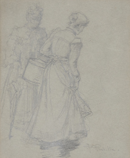 903.  FRANCISCO PRADILLA Y ORTIZ (Villanueva de Gállego, Zaragoza, 1848 - Madrid, 1921)Pareja de apuntes. Dama elegante y criada caminando; Paisaje