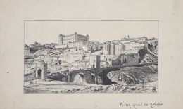 872.  J. R (Escuela española, siglo XIX)Vista de Toledo desde el puente de Alcántara
