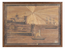 690.  Paisaje portuario con trabajo de paja.Filipinas, S. XIX.