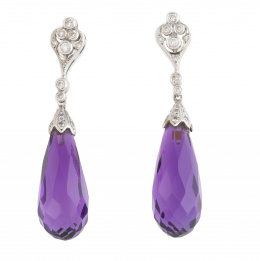 143.  Pendientes largos de brillantes con perilla facetada de amatista colgante
