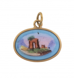 59.  Colgante oval de porcelana antigua esmaltada con imagen de ruinas en marco de oro