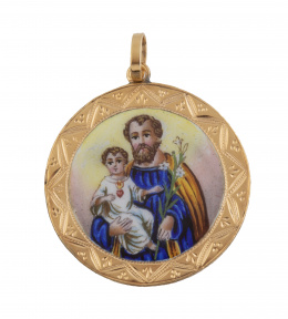 52.  Medalla colgante circular con San José y el niño Jesús en esmalte polícromo