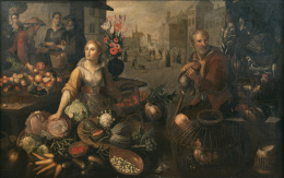 836.  JEAN BAPTISTE DE SAIVE I (Namur, c.1540- Mechlin) y JEAN BAPTISTE DE SAIVE II (Mechlin,1597-1641)Escena de mercado con figuras, frutas, verduras y aves