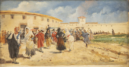 743.  EUGENIO LUCAS VILLAAMIL Madrid, 1858 - Madrid, 1918)A la salida de los toros