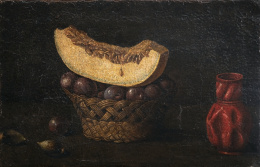 800.  A LA MANERA DEL SIGLO XVIIBodegón con cesta de ciruelas, melón y un bote en cerámica sobre un pedestal