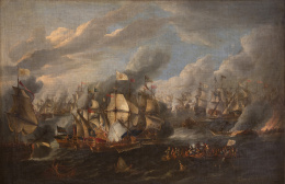 688.  ESCUELA ESPAÑOLA, SIGLO XVIIICombate naval entre cristianos y turcosPar de óleos sobre lienzo. 78 x 117 cm, cada uno