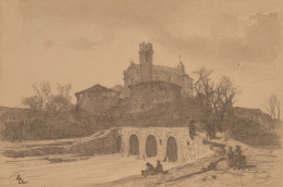 964.  LUIS RIGALT Y FARRIOLS (Barcelona, 1814-1894)Catedral a orillas de un río