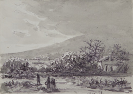 841.  LUIS RIGALT Y FARRIOLS (Barcelona, 1814-1894)Paisaje a orillas de un río con figuras1876