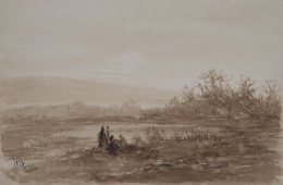 842.  LUIS RIGALT Y FARRIOLS (Barcelona, 1814-1894)Vista de un paisaje a orillas de un rio con figuras1877