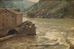 862.  JOSÉ MARÍA SUAY DAGUÉS (Valencia, siglo XIX-XX)Paisaje con río y casas