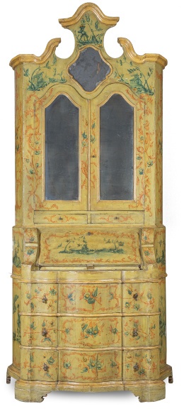 1180.  Bureau cabinet de madera pintada en amarillo, naranja y ver