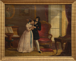 858.  ESCUELA MALLORQUINA, SIGLO XIXEscena galante sobre un paisaje