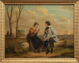 859.  ESCUELA MALLORQUINA, SIGLO XIXEscena galante sobre un paisaje